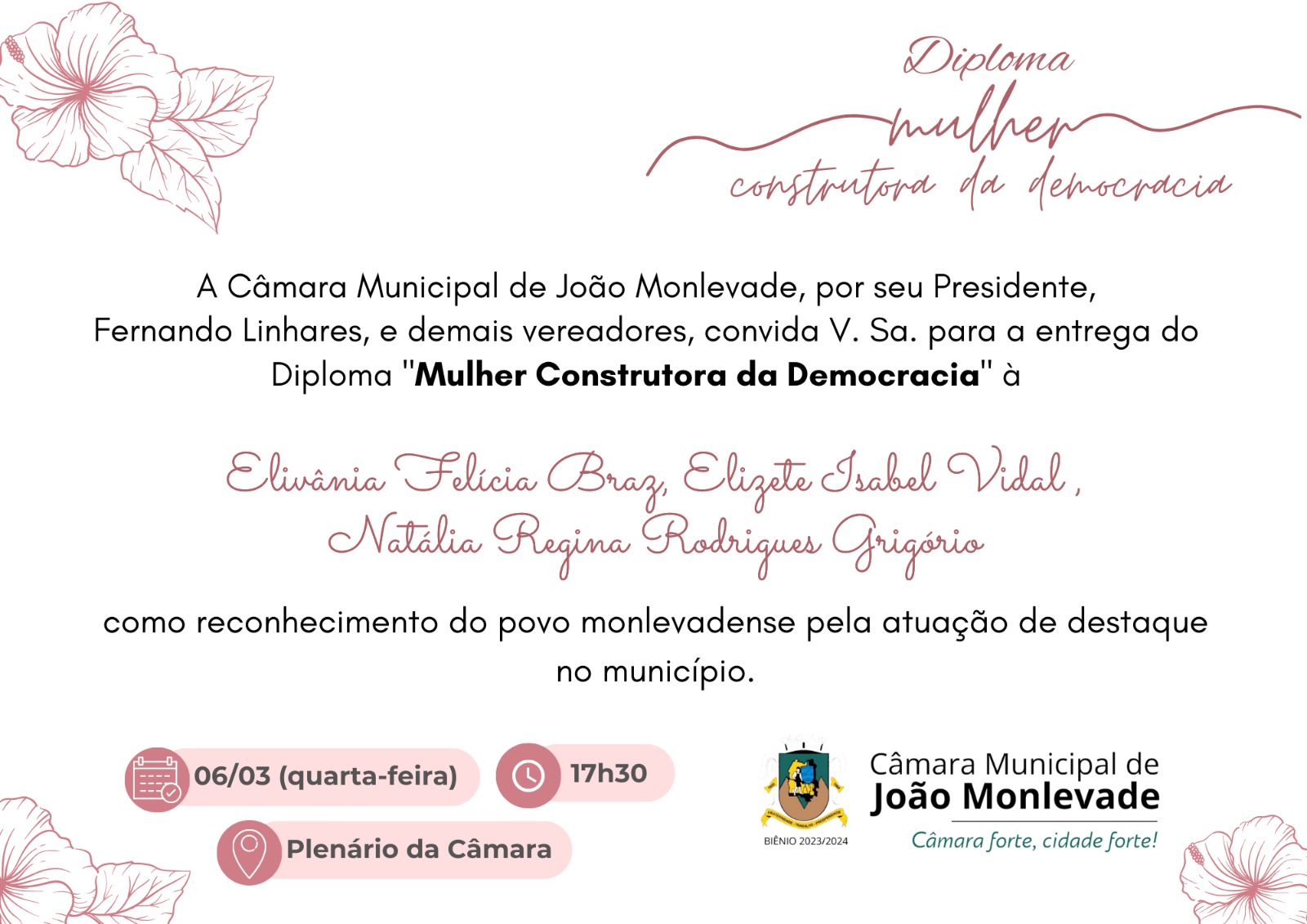 Câmara Municipal de Monlevade homenageia mulheres com diploma “Mulher Construtora da Democracia”